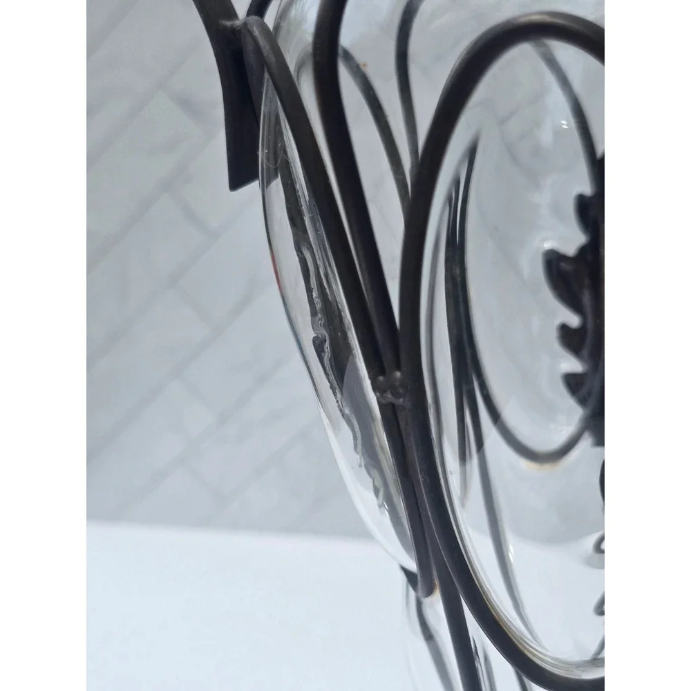Wrought Iron and Caged Blown Glass Amphora Vase Scrolled Handles Rustic 15.5in - Picture 3 of 7